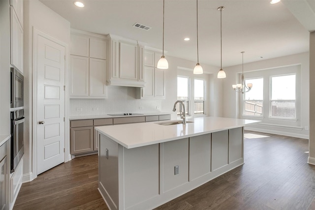 kitchen featuring sink, pendant lighting, a kitchen island with sink, white cabinets, and appliances with stainless steel finishes