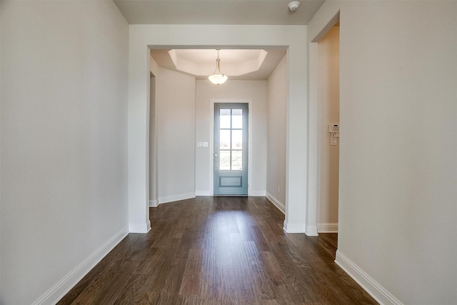 entryway with dark hardwood / wood-style flooring and a raised ceiling