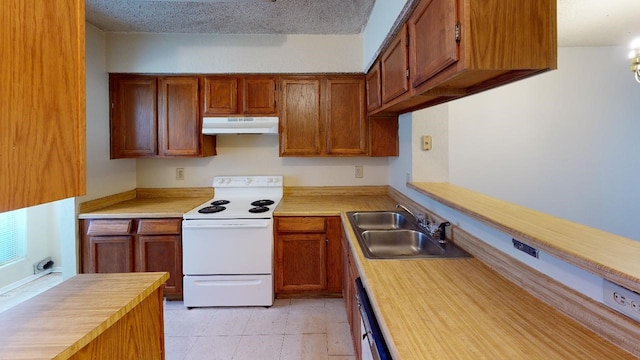 kitchen with sink, stainless steel dishwasher, a textured ceiling, light tile patterned flooring, and white electric range