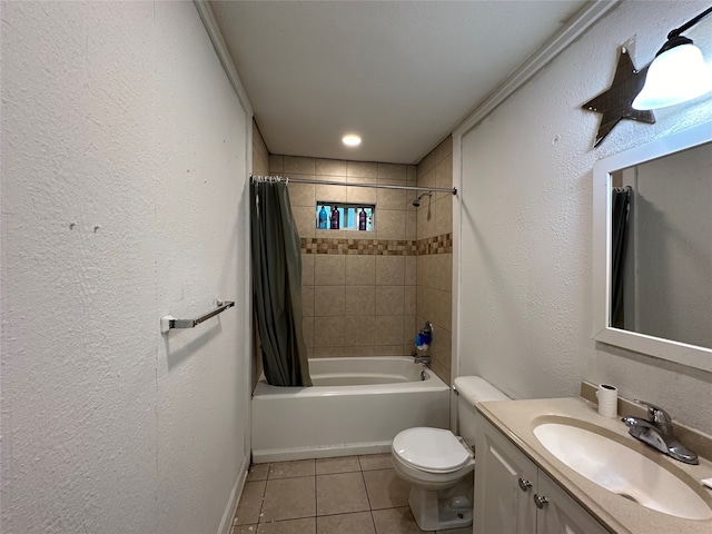 full bathroom featuring toilet, tile patterned floors, shower / bathtub combination with curtain, and vanity