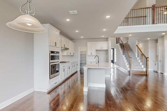 kitchen with sink, appliances with stainless steel finishes, wood-type flooring, an island with sink, and white cabinets