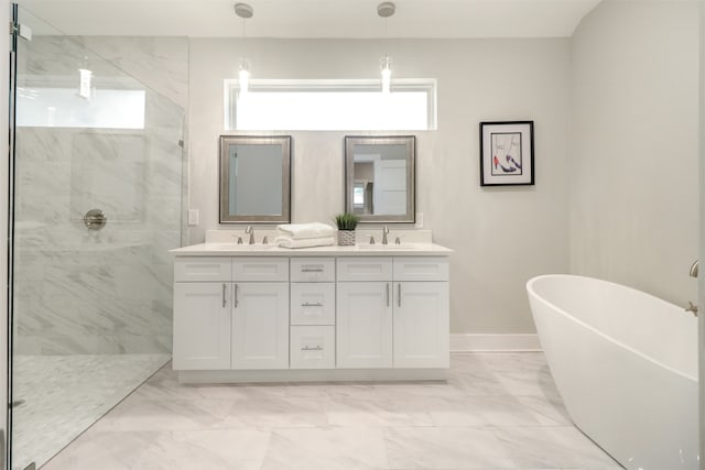 bathroom with independent shower and bath, dual vanity, and tile patterned floors