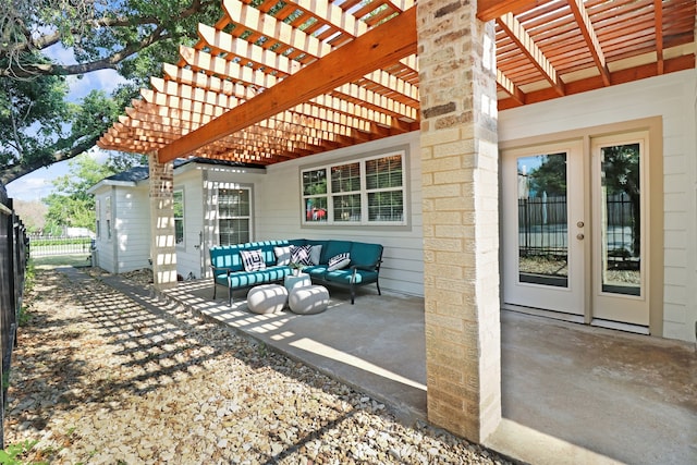 view of patio with a pergola, an outdoor hangout area, and french doors