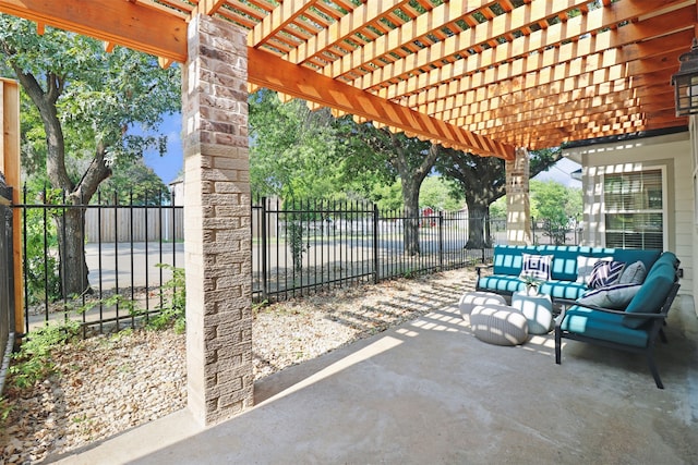 view of patio featuring a pergola and an outdoor hangout area