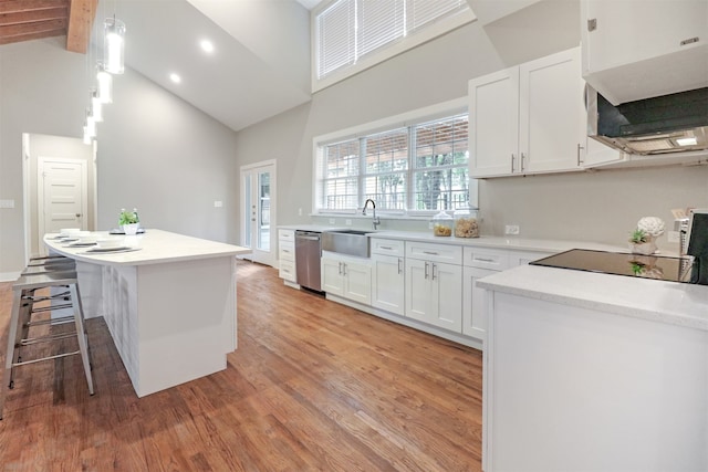 kitchen featuring white cabinetry, light wood-type flooring, stainless steel dishwasher, sink, and high vaulted ceiling