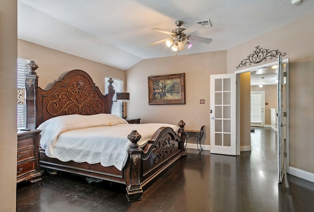 bedroom featuring wood-type flooring, ceiling fan, and vaulted ceiling