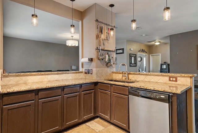 kitchen featuring sink, kitchen peninsula, hanging light fixtures, stainless steel dishwasher, and decorative backsplash