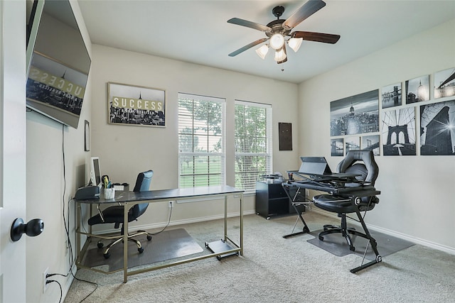 office featuring ceiling fan and carpet flooring