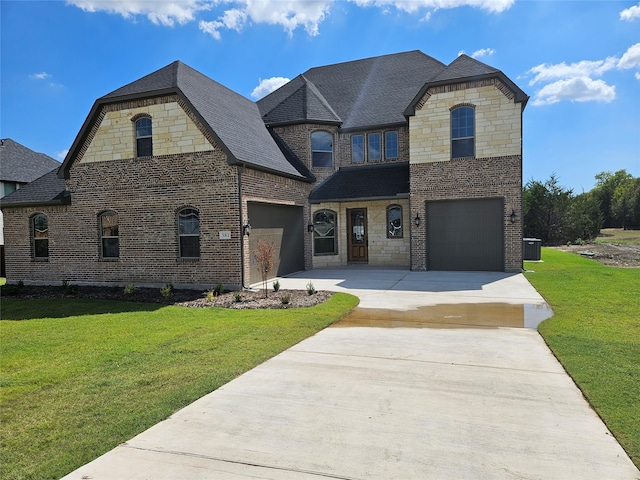 french country inspired facade with a garage, central air condition unit, and a front lawn