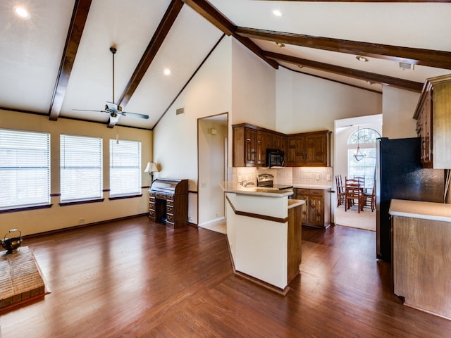 kitchen with black appliances, backsplash, dark hardwood / wood-style floors, beam ceiling, and ceiling fan