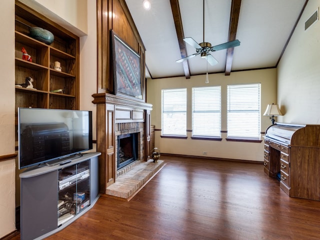 living room with dark wood-type flooring, a brick fireplace, a wealth of natural light, and ceiling fan