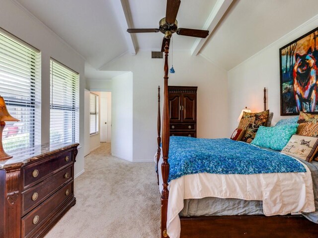 bedroom featuring vaulted ceiling with beams, light colored carpet, and ceiling fan