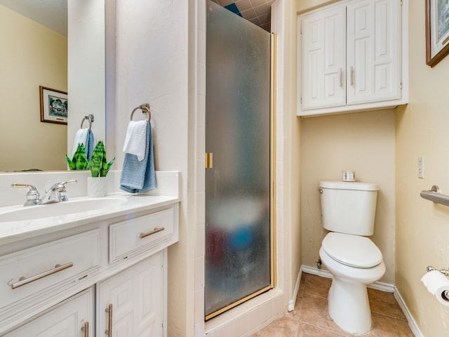 bathroom with tile patterned flooring, toilet, vanity, and an enclosed shower