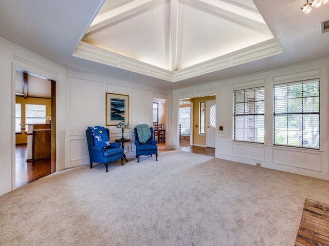 sitting room featuring a wealth of natural light, wood-type flooring, and a tray ceiling