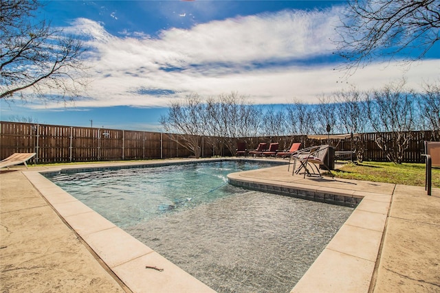 view of pool featuring a fenced backyard, a fenced in pool, and a patio