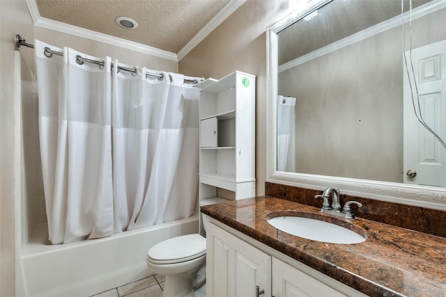 full bathroom with vanity, ornamental molding, shower / bathtub combination with curtain, and a textured ceiling