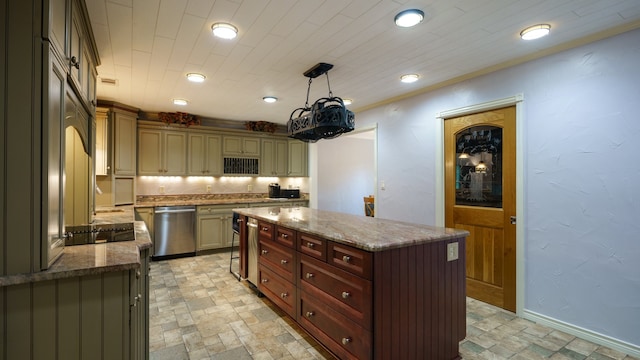 kitchen featuring light tile patterned flooring, a center island, dishwasher, cream cabinetry, and pendant lighting