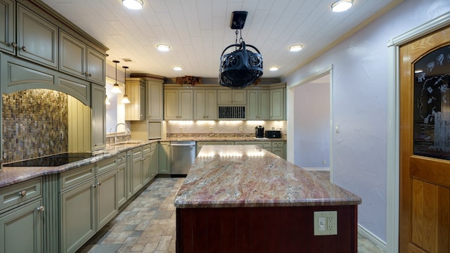 kitchen with a center island, dishwasher, light stone counters, decorative light fixtures, and sink