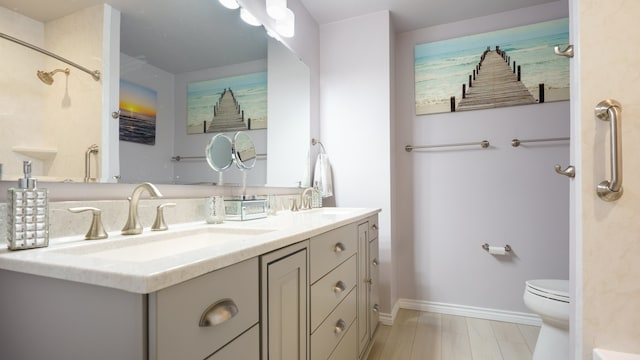 bathroom with toilet and dual bowl vanity