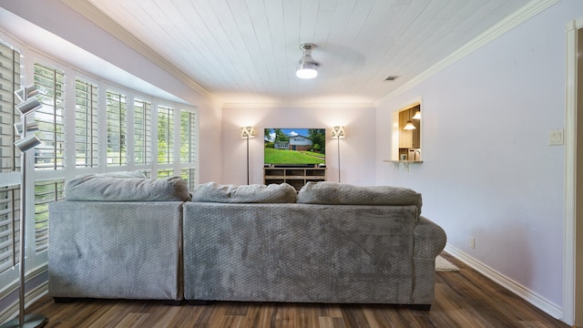 living room with ceiling fan, dark wood-type flooring, and crown molding