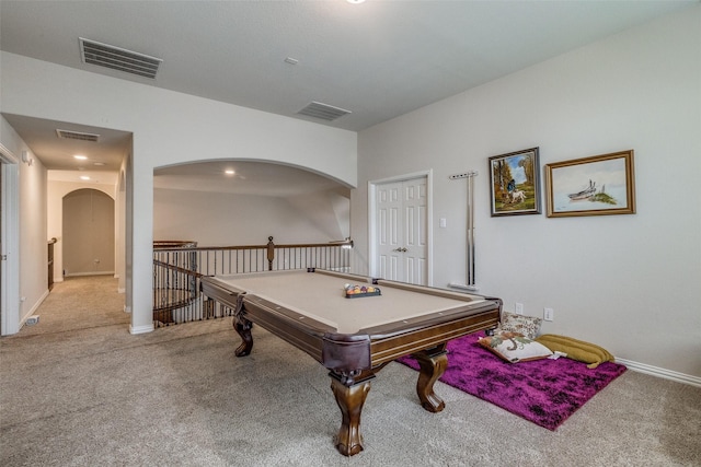 rec room with carpet floors and visible vents