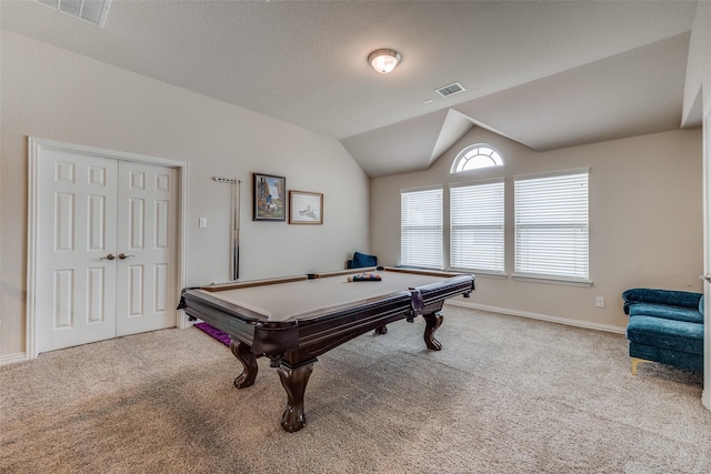 playroom featuring carpet floors, billiards, visible vents, and vaulted ceiling