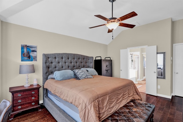 bedroom with connected bathroom, ceiling fan, lofted ceiling, and dark hardwood / wood-style floors