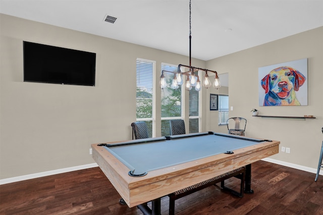 playroom with dark hardwood / wood-style floors and billiards