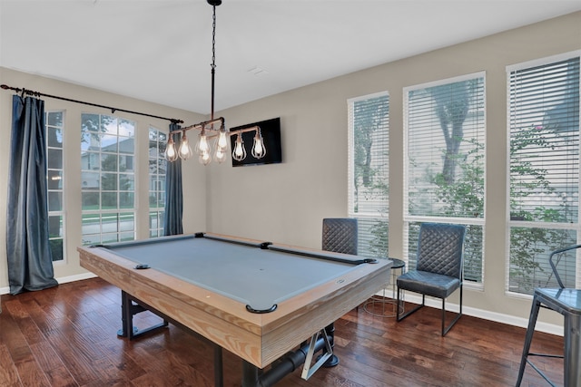 rec room with billiards and dark hardwood / wood-style floors