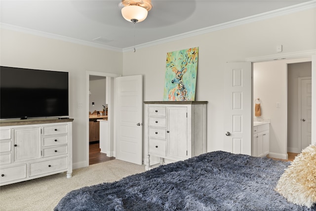 bedroom featuring crown molding, carpet floors, and ceiling fan