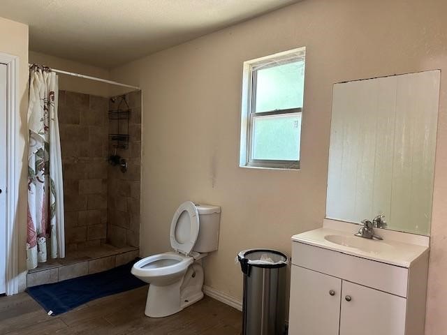 bathroom with vanity, toilet, hardwood / wood-style flooring, and a shower with curtain