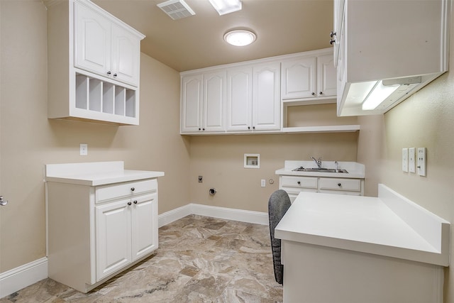 clothes washing area featuring hookup for a washing machine, sink, hookup for a gas dryer, cabinets, and light tile patterned flooring