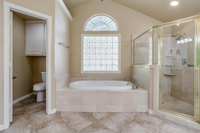 bathroom featuring vaulted ceiling, independent shower and bath, tile patterned flooring, and toilet