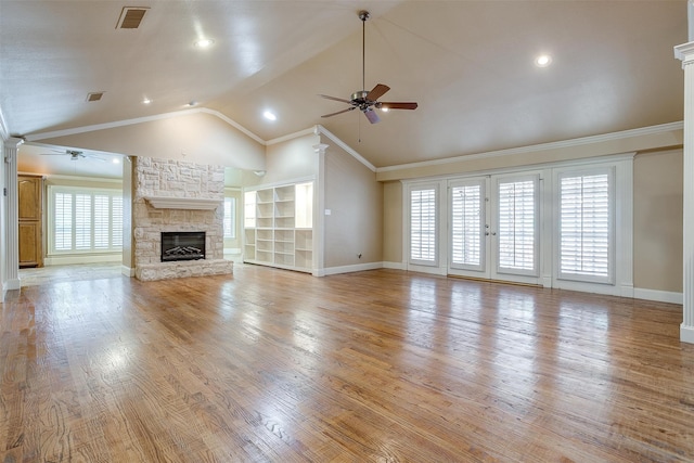 unfurnished living room with lofted ceiling, light hardwood / wood-style floors, and ceiling fan