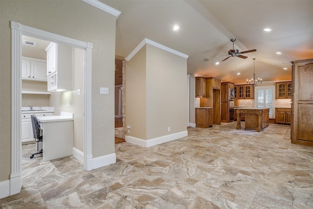 unfurnished living room with sink, light tile patterned flooring, ceiling fan with notable chandelier, and lofted ceiling