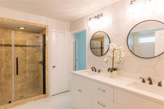 bathroom with backsplash, tile walls, and walk in shower