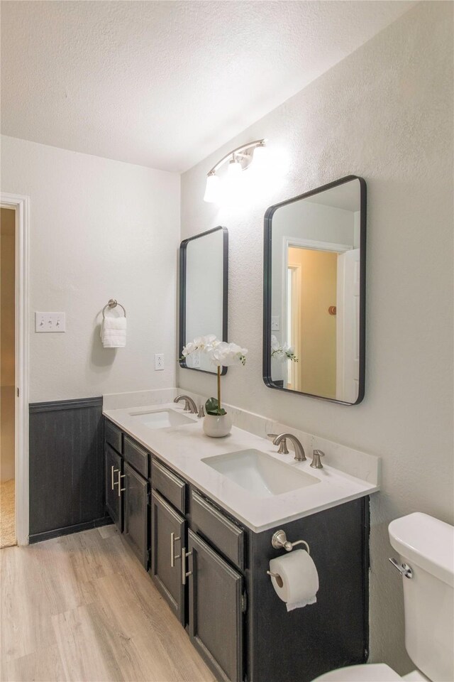 bathroom with hardwood / wood-style floors, vanity, a textured ceiling, and toilet