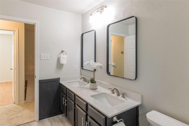 bathroom with vanity, toilet, and wood-type flooring