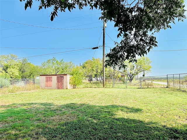 view of yard featuring a storage unit