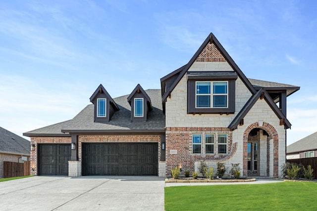 view of front of house featuring a front yard and a garage