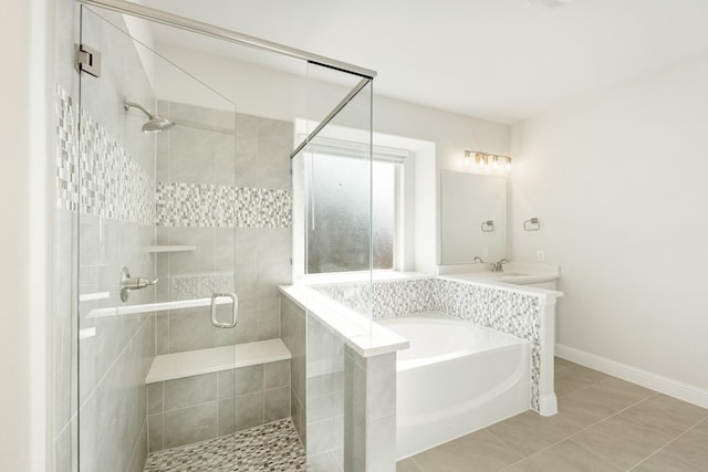 bathroom with vanity, separate shower and tub, and tile patterned flooring