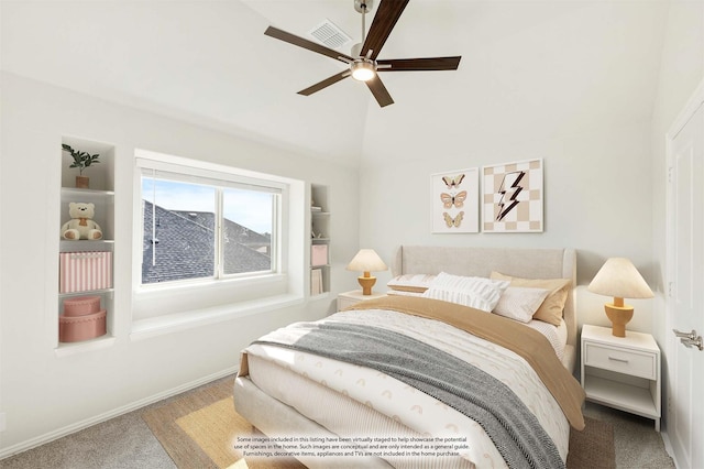 bedroom with ceiling fan and carpet