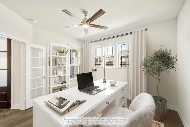 office with ceiling fan and dark hardwood / wood-style floors