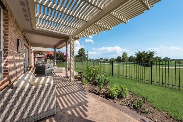 view of patio featuring an outdoor living space and a pergola