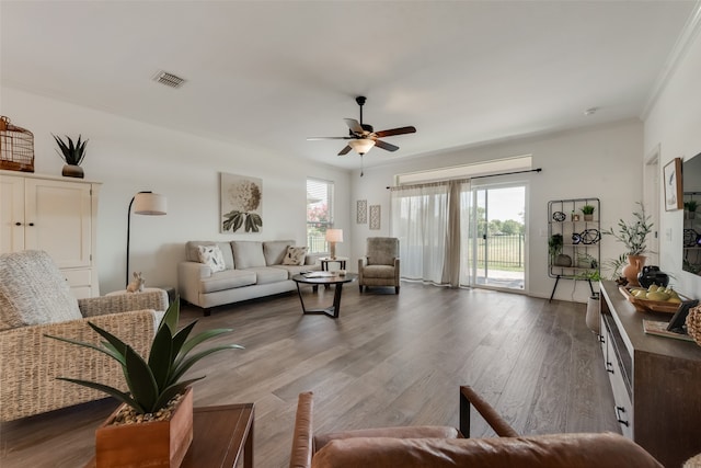 living room featuring ornamental molding, a wealth of natural light, hardwood / wood-style flooring, and ceiling fan