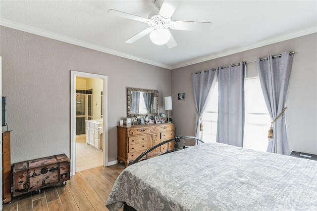 bedroom with light hardwood / wood-style floors, ceiling fan, ensuite bath, and ornamental molding