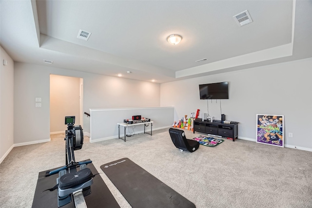 workout room featuring a raised ceiling and light colored carpet