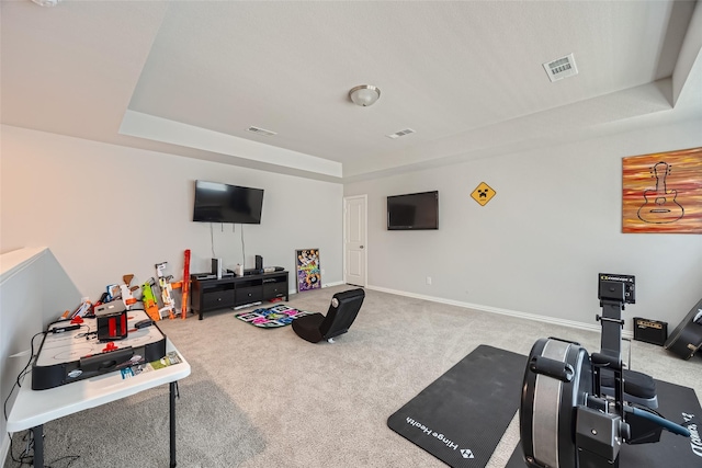 workout room featuring a tray ceiling and light carpet