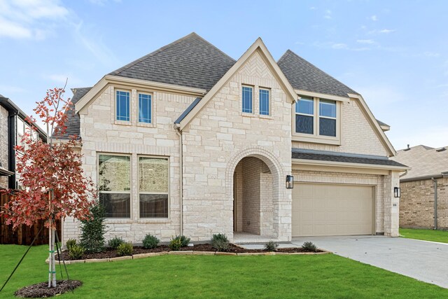 view of front of house with a garage and a front lawn