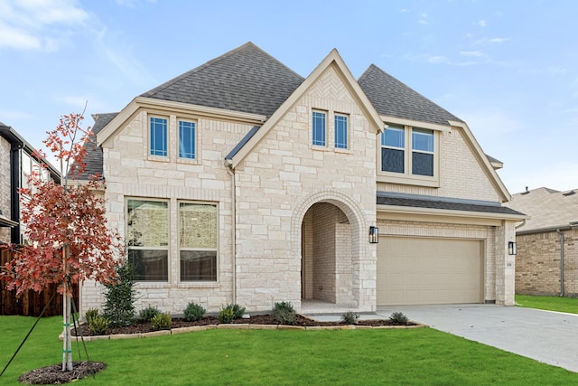 view of front of property with a garage and a front yard